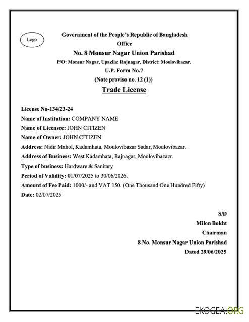 Modèle Word et PDF de licence commerciale du Bangladesh